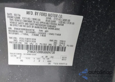 2016 Ford Flex Limited from USA, damaged, VIN 2FMGK5D88GBA04730